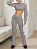 Fisoew Women'S Cable Knit Sweater Set Two Piece Outfit Cropped Cardigan and High Waist Flare Pants Casual Knitwear