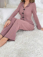 Women'S Solid Lettuce Trim Top & Pants Loungewear Two-Piece Set, Casual Comfy Long Sleeve V Neck Top & Trousers PJ Set, Ladies Sleepwear for All Seasons
