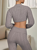 Fisoew Women'S Cable Knit Sweater Set Two Piece Outfit Cropped Cardigan and High Waist Flare Pants Casual Knitwear