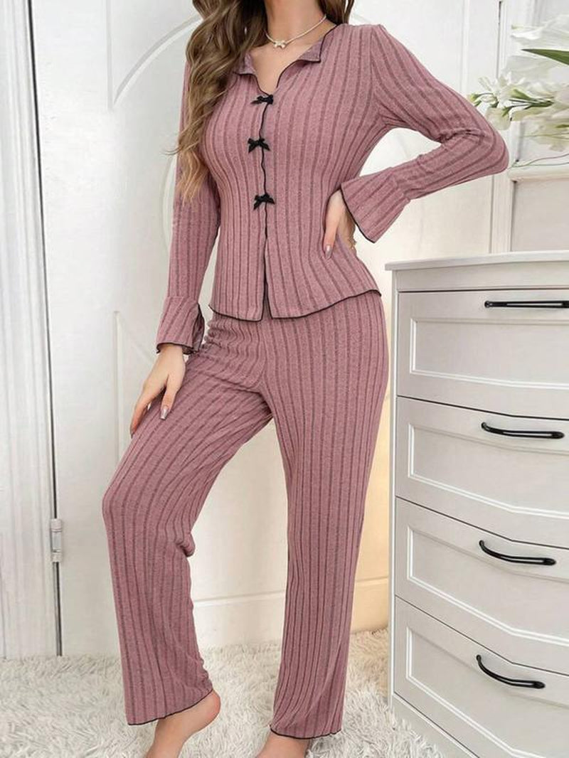 Women'S Solid Lettuce Trim Top & Pants Loungewear Two-Piece Set, Casual Comfy Long Sleeve V Neck Top & Trousers PJ Set, Ladies Sleepwear for All Seasons