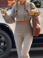 Fisoew Women'S Cable Knit Sweater Set Two Piece Outfit Cropped Cardigan and High Waist Flare Pants Casual Knitwear